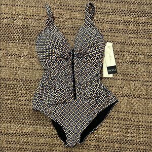 Profile By Gottex Black and Orange One Piece Swimsuit with V-Neck